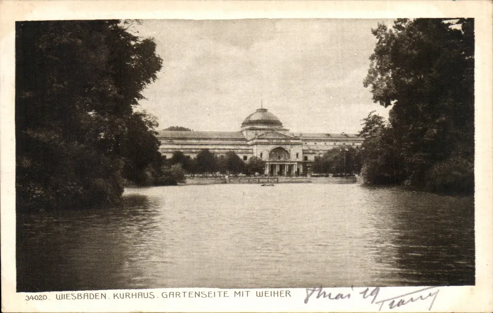 Wiesbaden. Kurhaus. Lado do jardim com lago — Kupferstich-Verlag von Rud. Bremer & Co., Köln a. Rh. - Frente