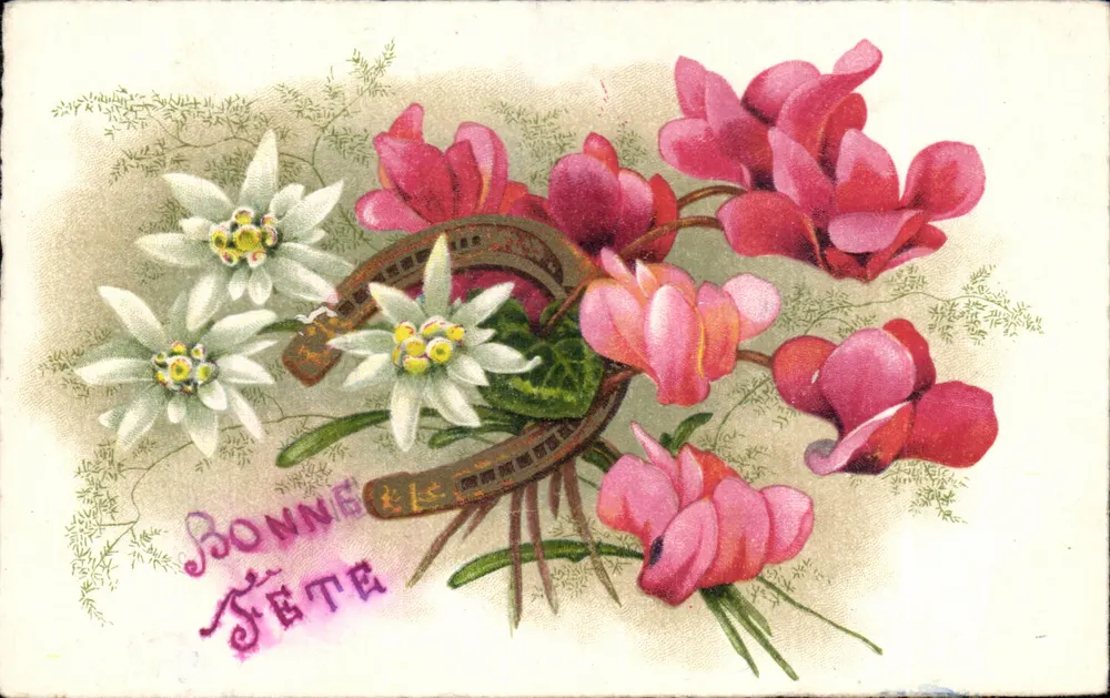 Blüten und Hufeisen — Frohe Geburtstagskarte — Ansichtskarte Nr. 554 - Vorderseite