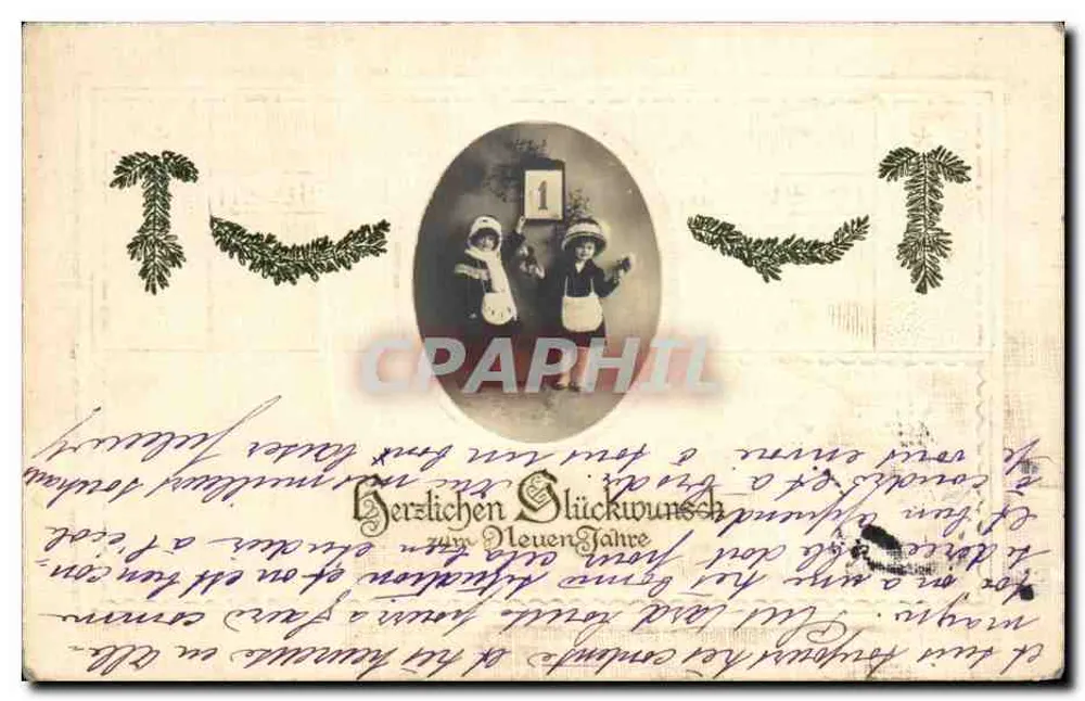 Dois crianças — Ano Novo — cartão postal de Natal - Frente
