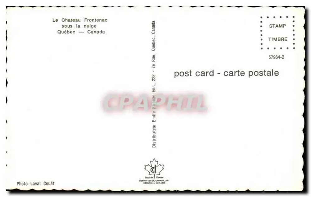 Castelo Frontenac — sob a neve — Distribuidor COLOR CANADA-LTS - Verso