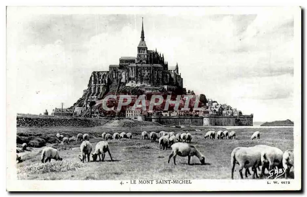 O Mont Saint-Michel — vista com ovelhas em primeiro plano — G. Artraud, editor, Nantes, n° de série L.W. 1472 - Frente