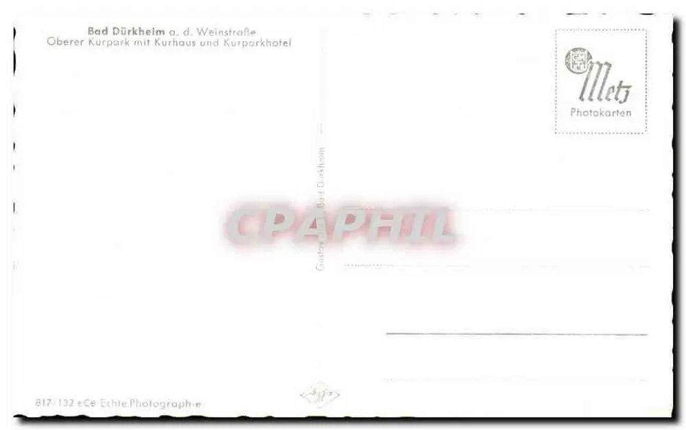 Bad Dürkheim a. d. Weinstraße — Oberer Kurpark mit Kurhaus und Kurparkhotel — Metz Photokarten - Rückseite