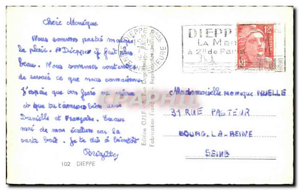 Dieppe — Vista da Praia, O Porto Anterior, O Barco, A Baía Port Blanc — Edição Galf, n°102 - Verso