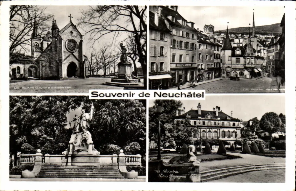Neuchâtel — Colegiata e monumento Faro, Halle aux Ventes, Place des Halles, Palácio Dupoix — Lembrança de Neuchâtel - Frente