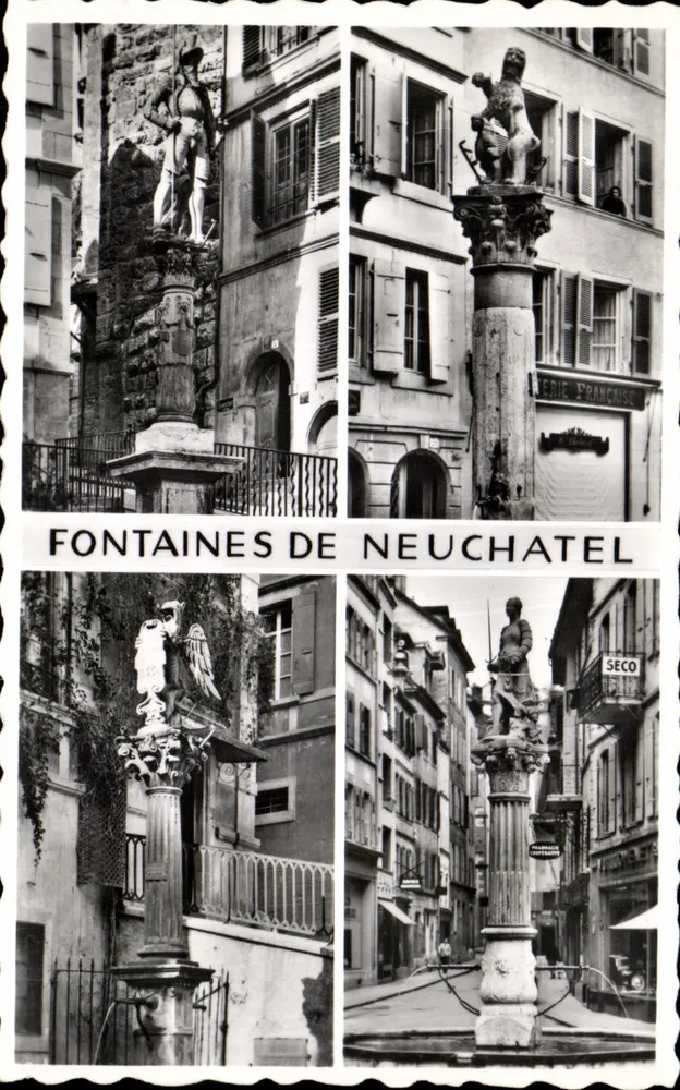 Fontes de Neuchâtel — quatro esculturas sobre colunas — Edição Photocrochet, Lausanne - Frente