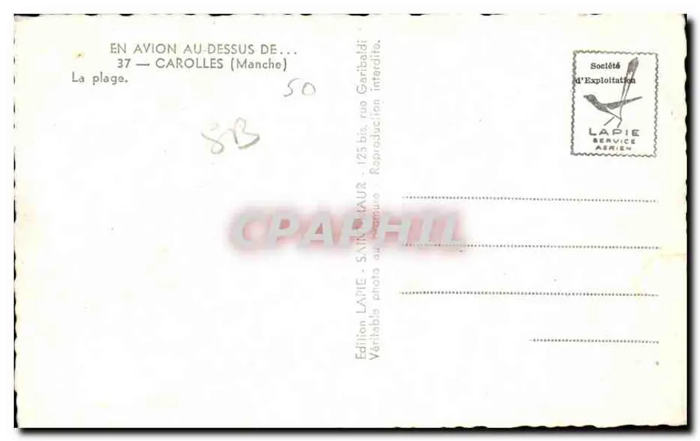 La plage — vue aérienne — Édition LAPIE, 125 bis, rue Garibaldi, Saint-Aurin (Manche) - Rückseite