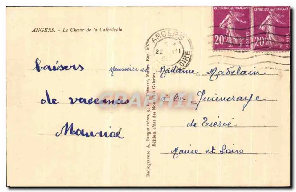 Angers - O Coro da Catedral — Édition A. Bréger, Paris - Verso