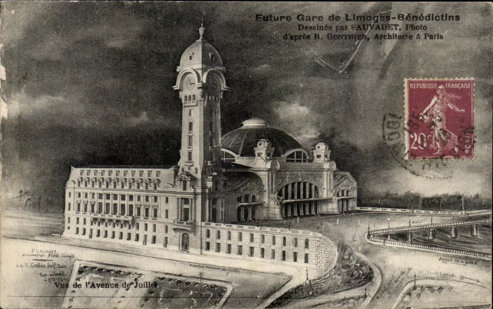 Zukünftige Gare de Limoges-Bénédictins — Ansicht der Avenue de Juillet — Gezeichnet von R. Gonthier, Foto P. Sauvadet - Vorderseite