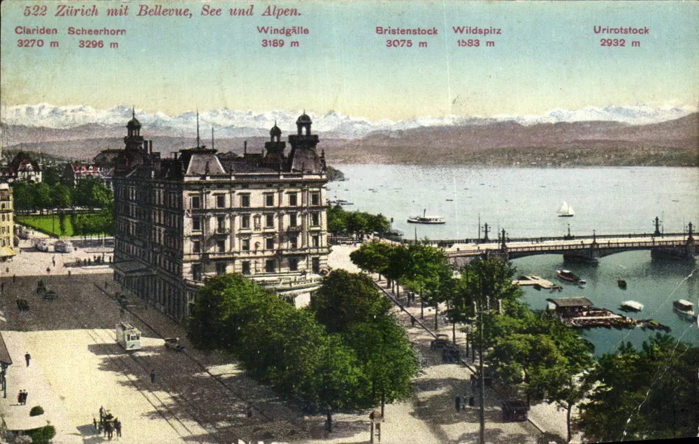 Zurich mit Bellevue, See und Alpen — vue du lac avec l'hôtel et les montagnes, éditeur Paul Bender, Zollikon-Zürich, n° 522 - Frente