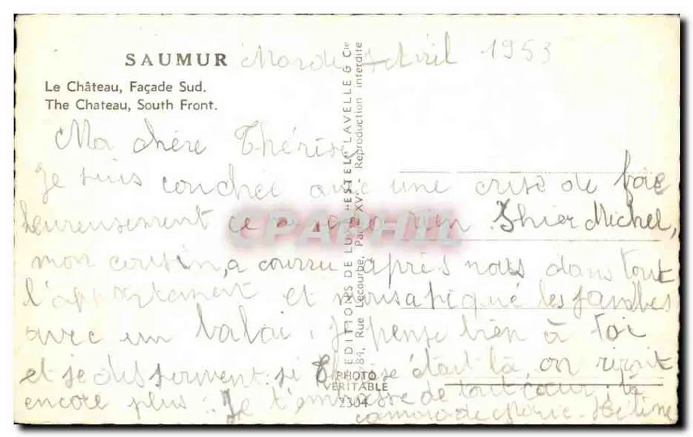 Saumur — O Castelo, Fachada Sul — Editor Escol, n° 1304-61 - Verso