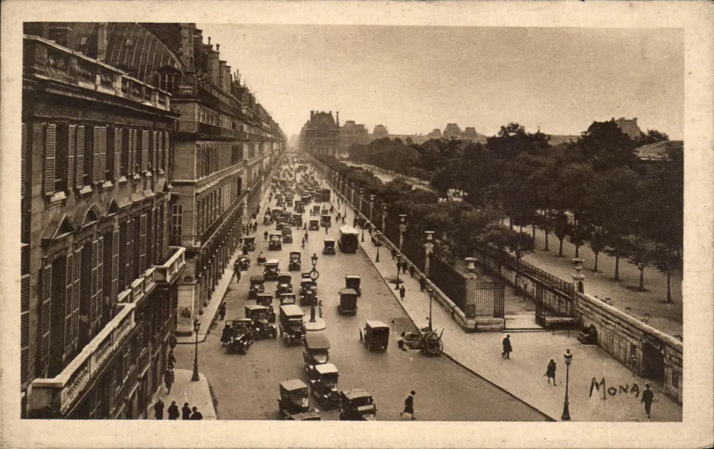Vista della strada di Rivoli — Il Louvre e il Giardino delle Tuileries — Editore Mona - Recto