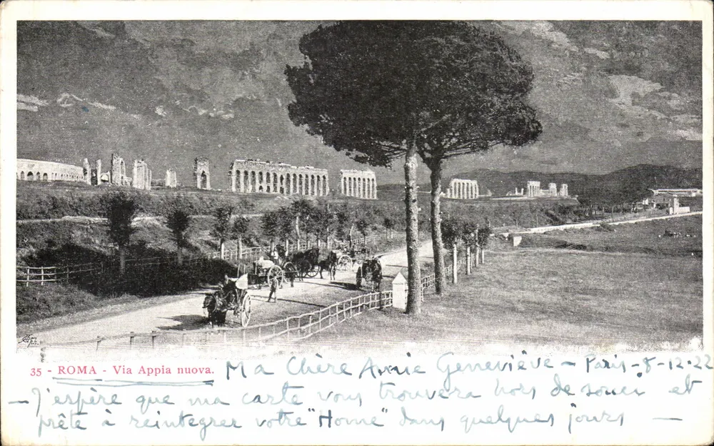 Roma - Via Appia Nuova — vista das ruínas e de uma estrada com carruagem — editor Cartolina Postale, n°35 - Frente