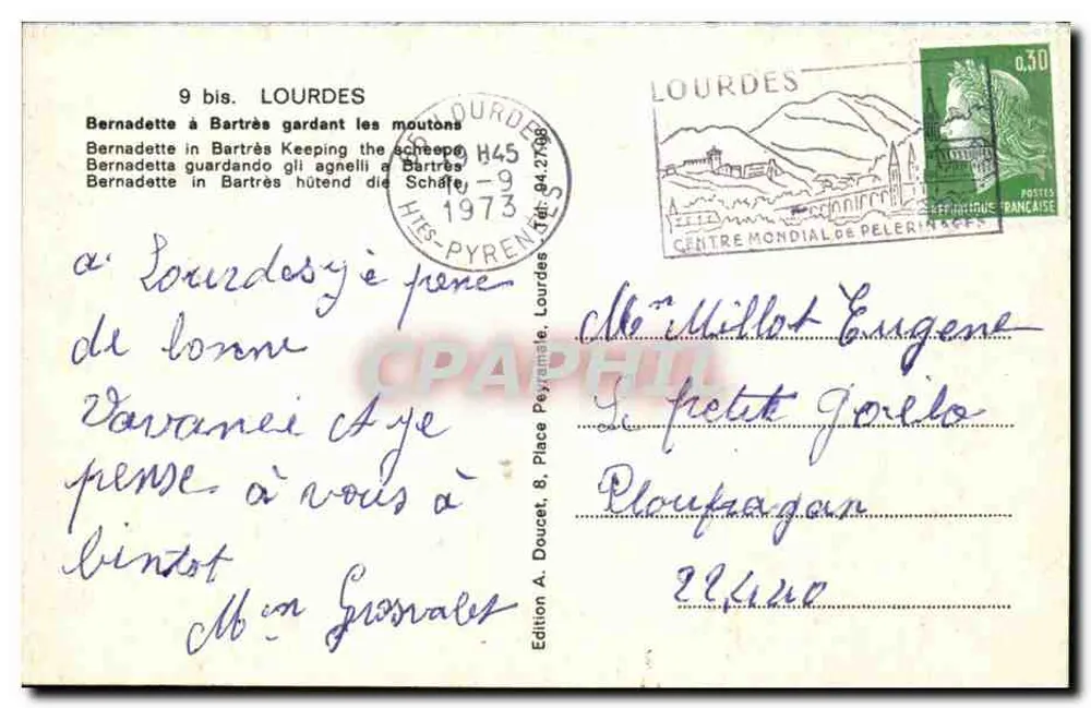 Bernadette in Bartrès, die Schafe bewachsend — Verlag A. Doucet, Lourdes - Rückseite