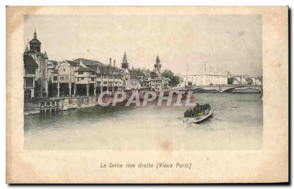 A margem direita do rio Sena (Velho Paris) — vista do rio Sena com barco e arquitetura histórica — editor não identificado - Frente