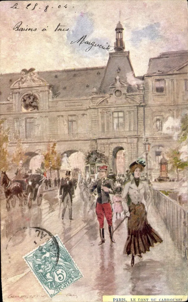 Paris, o Pont du Carrousel — vista animada com soldado e mulher — editor Marquet - Frente
