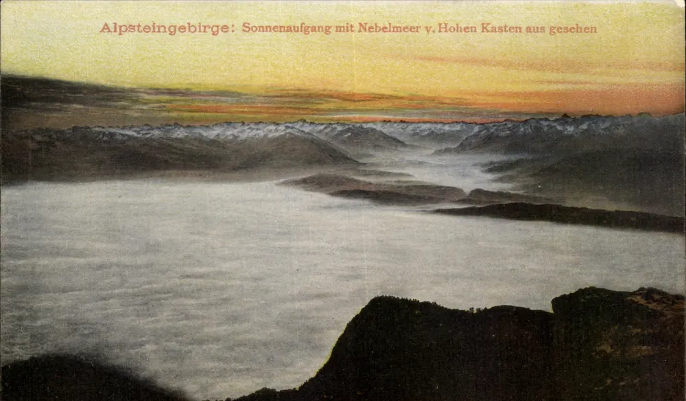 Alpsteingebirge: Sonnenaufgang über ein Nebelmeer von den Hohen Kasten gesehen — Verlag: Geb. Motz, Kunstverlagsanstalt, Basel - Vorderseite