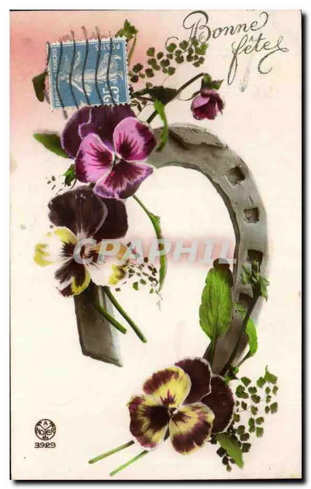 Blumen und Hufeisen — Frohe Geburtstagskarte — A. Roger, n° 3929 - Vorderseite
