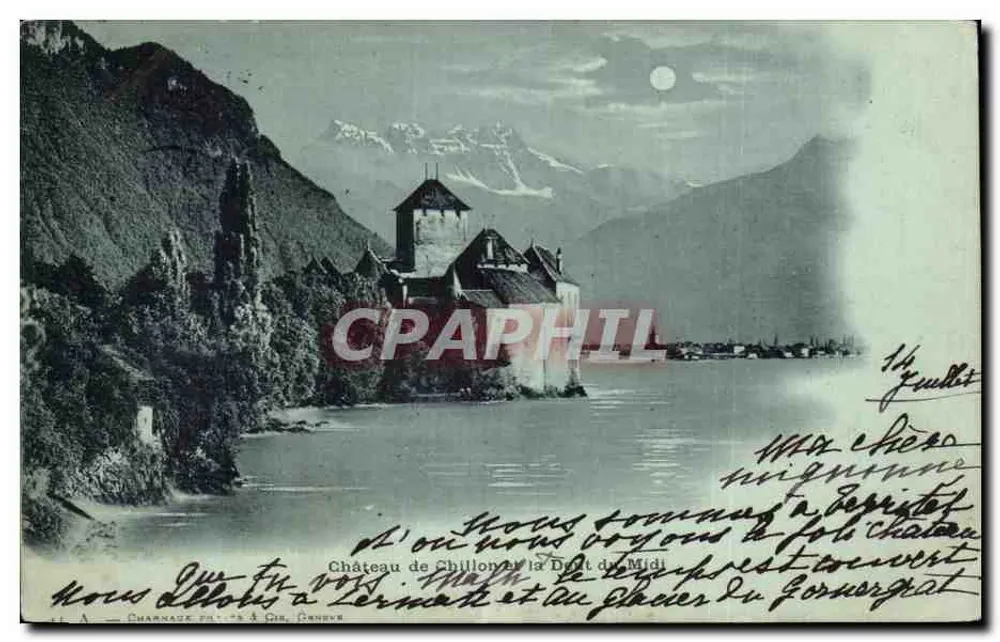 Castelo de Chillon e a Dente do Meio — vista noturna — Charnaze Frères & Cie, Genebra - Frente
