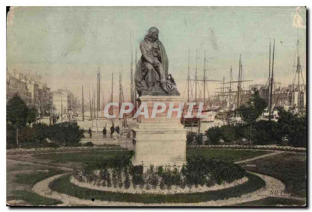 Statue de Bernardin de Saint-Pierre — monument dans un jardin au bord d'un port avec mâts de navires en arrière-plan — éditeur J.J. H. Ka, n° 108 - Vorderseite
