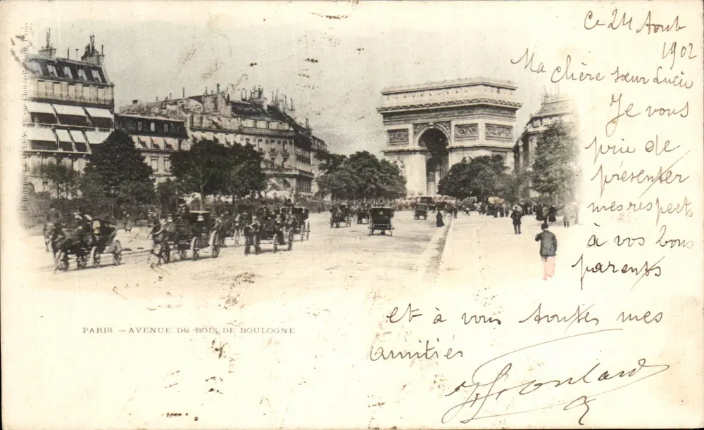 Paris — Avenida do Bois de Boulogne — Arco do Triunfo em segundo plano — editor: J. Béchard, Paris - Frente