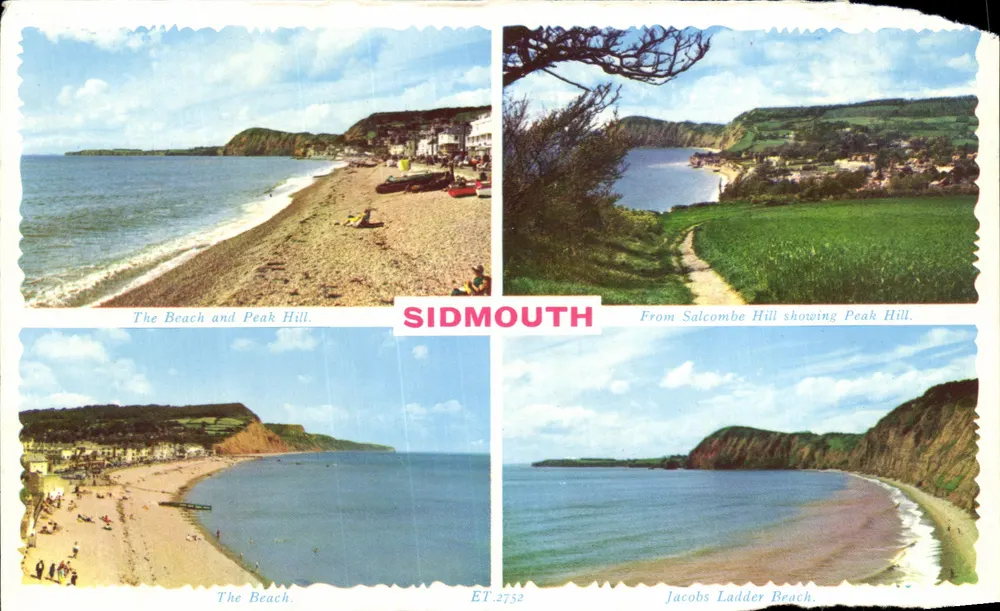Sidmouth — The Beach and Peak Hill, Jacobs Ladder Beach, From Salcombe Hill showing Peak Hill — Valentine's Valchromé, n° ET.2752 - Front