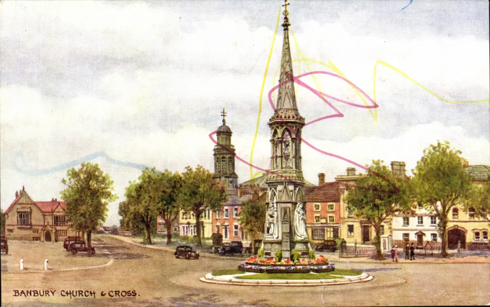 Banbury Church & Cross — vue du centre avec le monument et l'église — éditeur J. Salmon Ltd. n°4245 - Recto