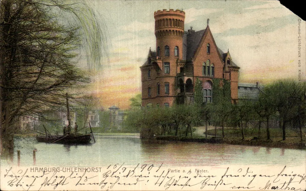 Hamburg-Uhlenhorst — Partie a. d. Paster, château de style néogothique — Chromo-Lichtdruck von Knack - Frente