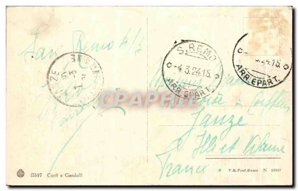 San Remo - Città Vecchia — vista do porto e do vilarejo na colina — Confì e Gandolfi, n° 11597 - Verso
