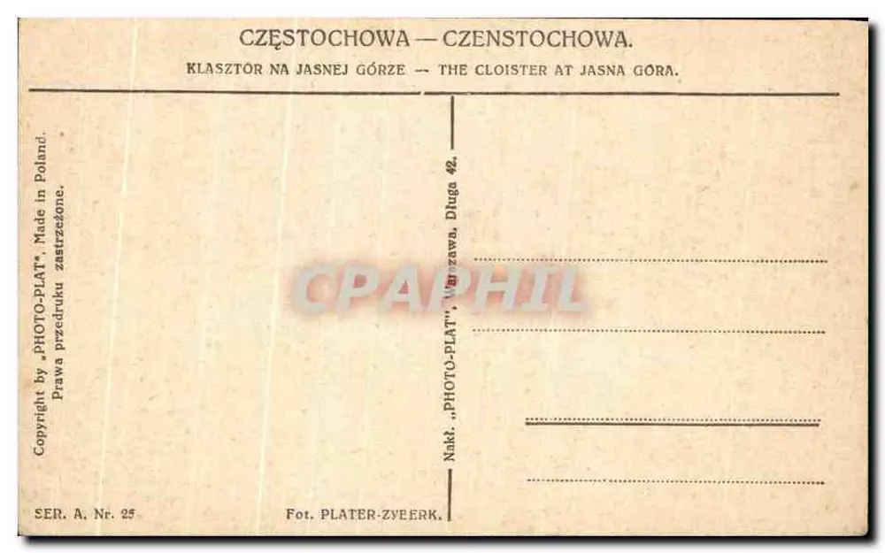 Der Cloister von Jasna Góra — Częstochowa, Polen — Photo-Plat, Serie A Nr. 25 - Rückseite