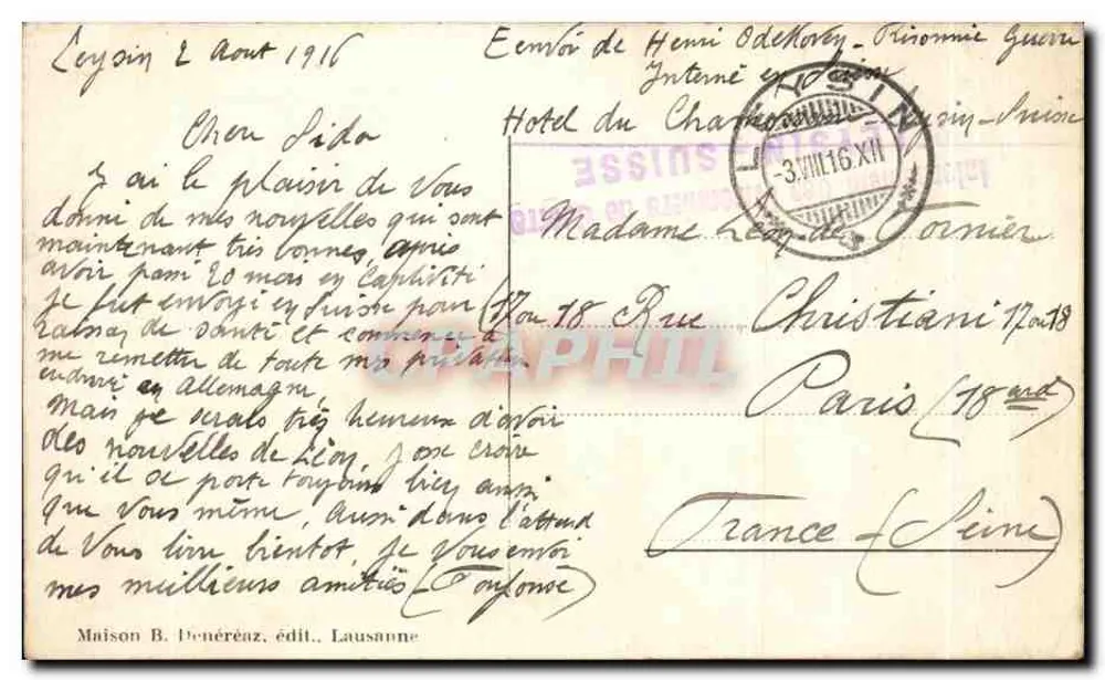 Strada di Leysin, Cergnat e Sépey — vista montuosa — Casa B. Deneréaz, editore, Losanna, n° 4059 - Verso