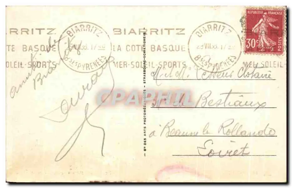 Biarritz — Wirkung des Meeres auf die Felsen nahe dem Leuchtturm — Verlag: Arts Photographiques - Rückseite