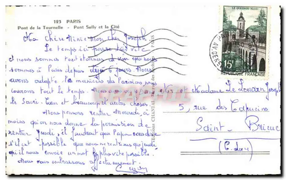 Pont de la Tournelle — Pont Sully und die Cité — Verlag Chantal, Nr. 123 - Rückseite