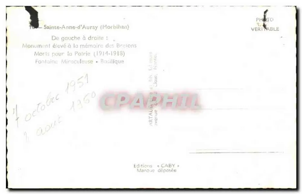 Sainte-Anne-d'Auray — Monument aos Bretones mortos pela Pátria (1914-1918) e Basílica — Edições Caby - Verso