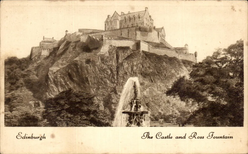 Edinburgh — Schloss und Rossbrunnen — veröffentlicht von Valentine & Sons Ltd, London - Vorderseite