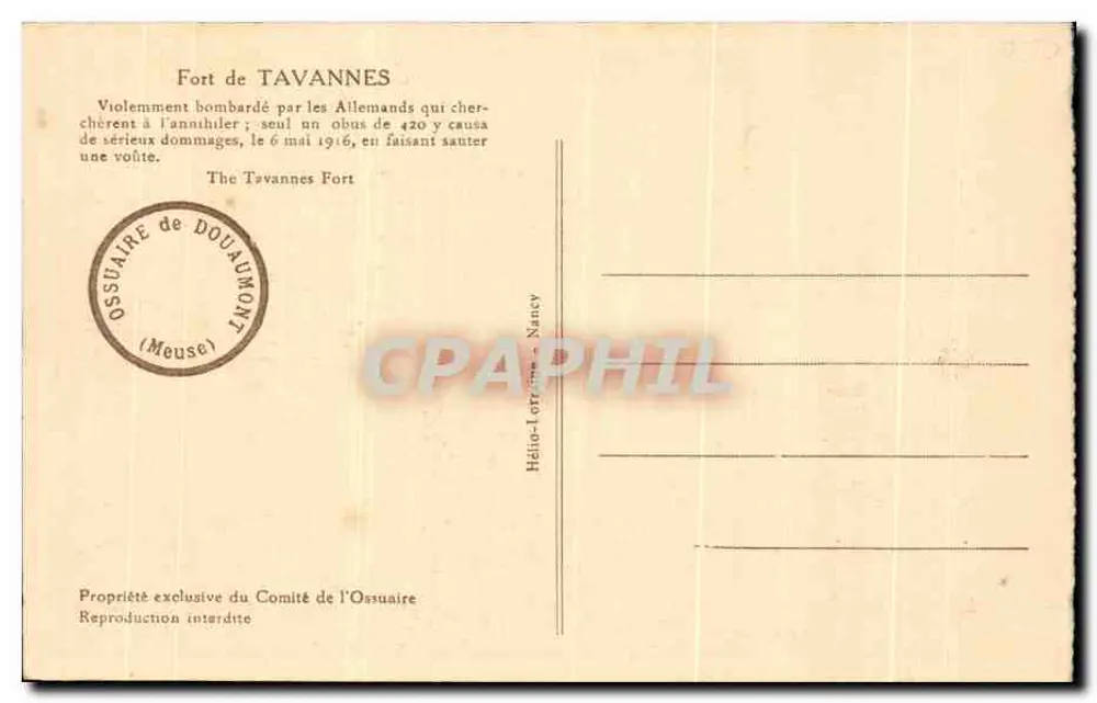 Fort de TAVANNES — bombardeado em 1916 — editor Ossuaire de Douaumont - Verso