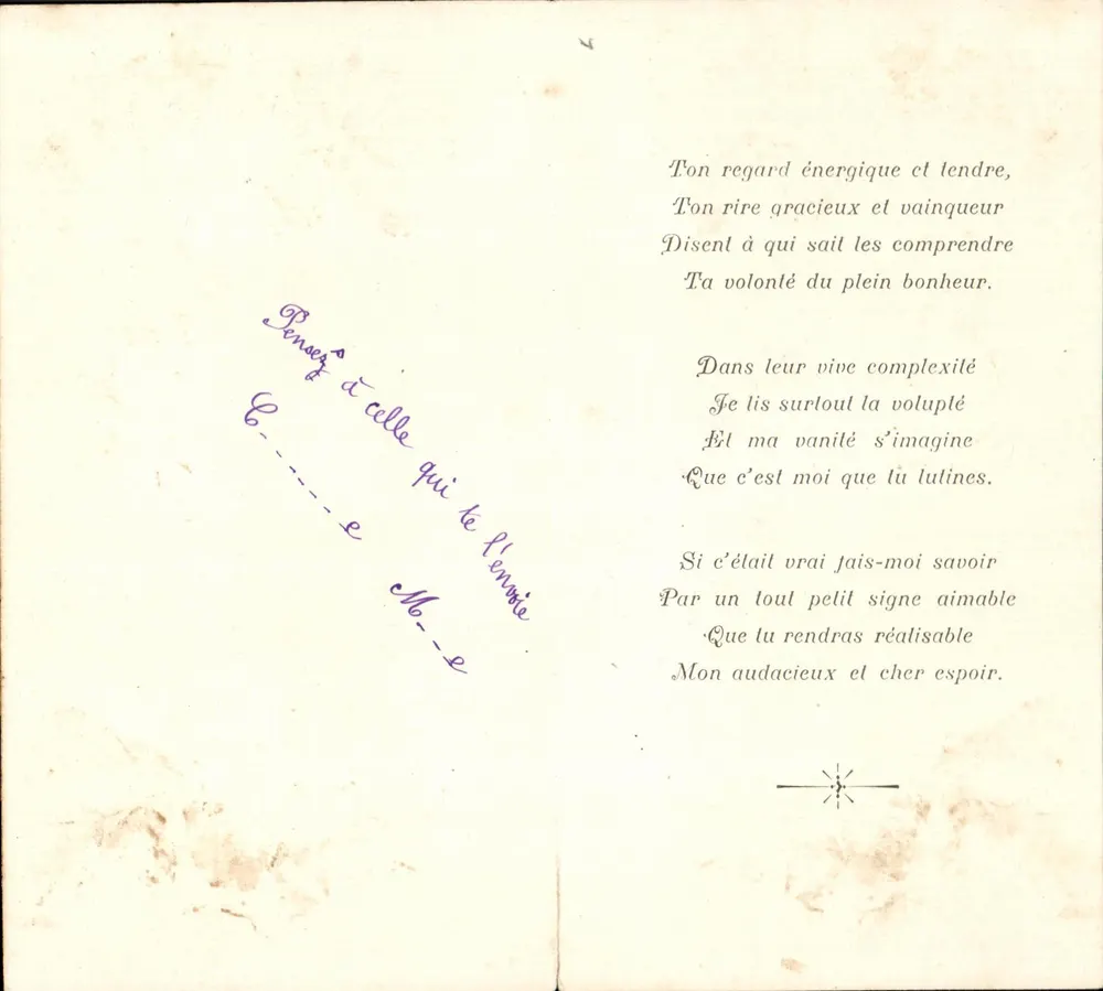 Liebesgedicht — Gedruckter Text und Handschrift — Kein Verlag oder Seriennummer sichtbar - Vorderseite