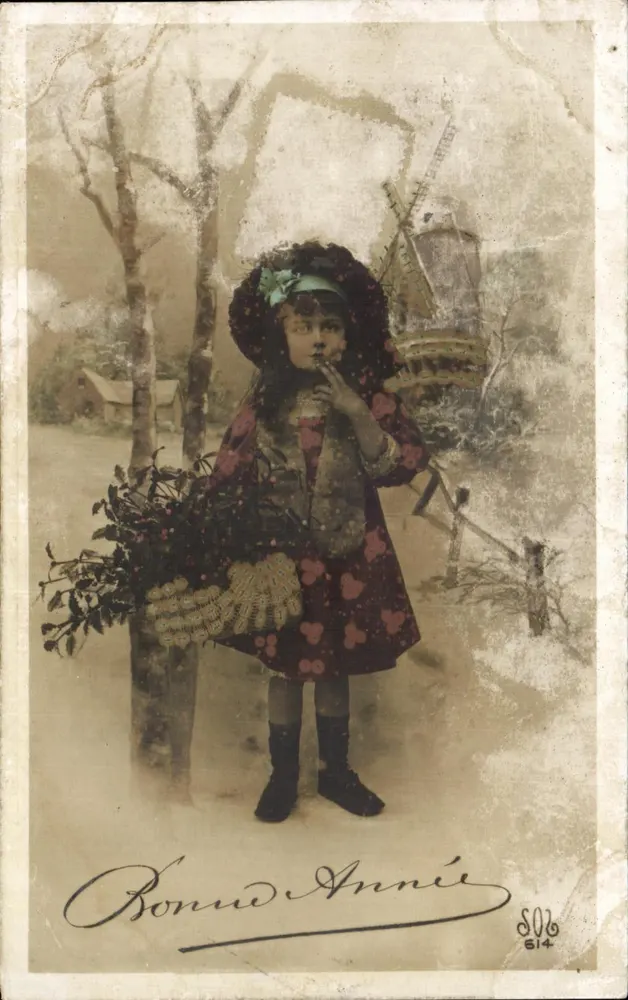 Mädchen mit einem Eiszapfenkorb — winterliche Szene mit Windmühle — Verlag Bonud Annie, n° 614 - Vorderseite