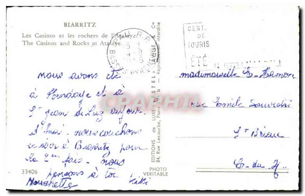 Die Casinos und die Felsen von Atalaye — Biarritz — Verlag Estel, n°33406 - Rückseite