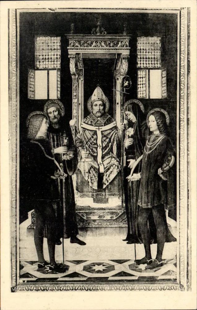 Certosa di Pavia — Sant'Ambrogio entre quatro santos na VIª capela — Ambrogio Bergognone - Frente
