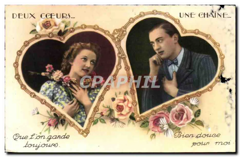 Dois corações... Uma corrente... — Carta postal amorosa com retratos em forma de coração — editor não visível - Frente