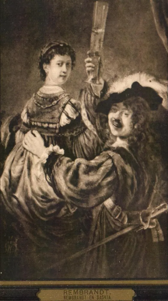 Rembrandt e Saskia — reprodução de uma pintura — Edição Grand Bazar Francês, Amsterdam - Frente