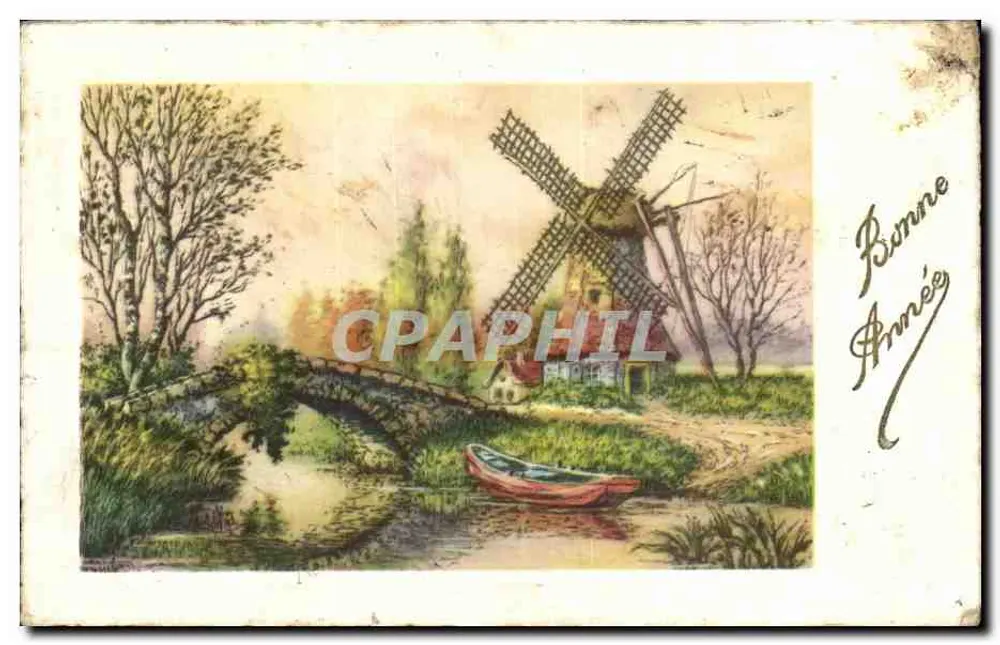 Mühle — ländliches Landschaftsbild mit Brücke und Boot — unbekannter Verlag - Vorderseite