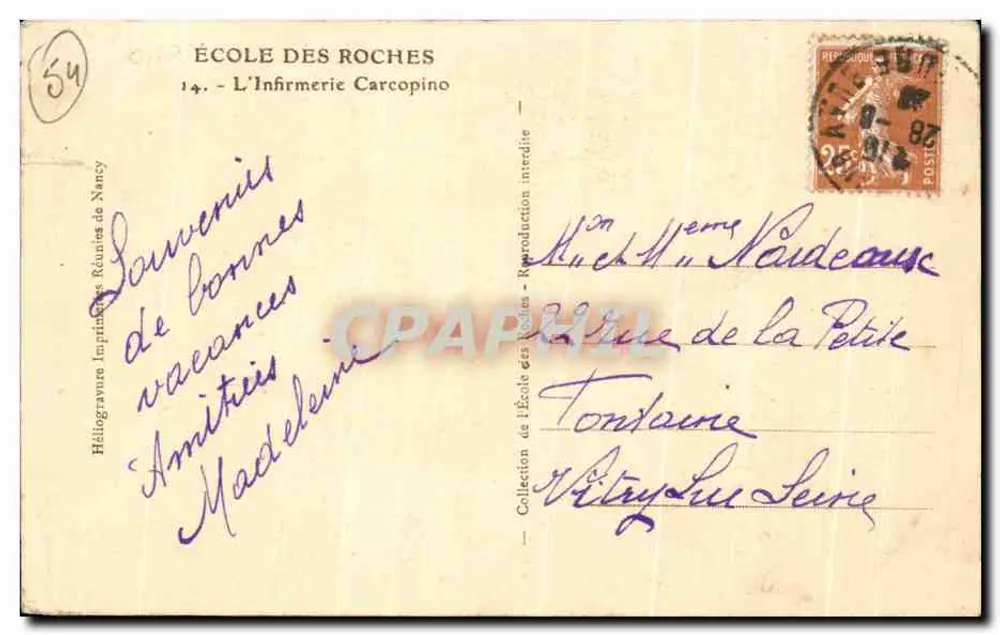 Escola das Rochas — A Enfermaria Carcopino — Héliogravure Imprimeries Réunies de Nancy - Verso