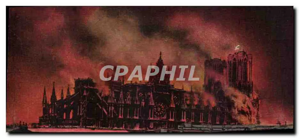 Reims — Die Kathedrale in Flammen, verursacht von den Deutschen, 19. September 1914. Nordseite — Anonyme Ausgabe - Vorderseite