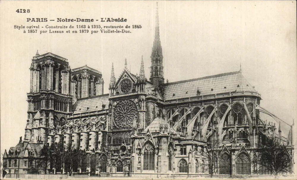 Paryż - Katedra Notre-Dame - Absydę — Styl ogivalny, zbudowana w latach 1163–1315, odrestaurowana w latach 1845–1879 przez Viollet-le-Duc. - Awers