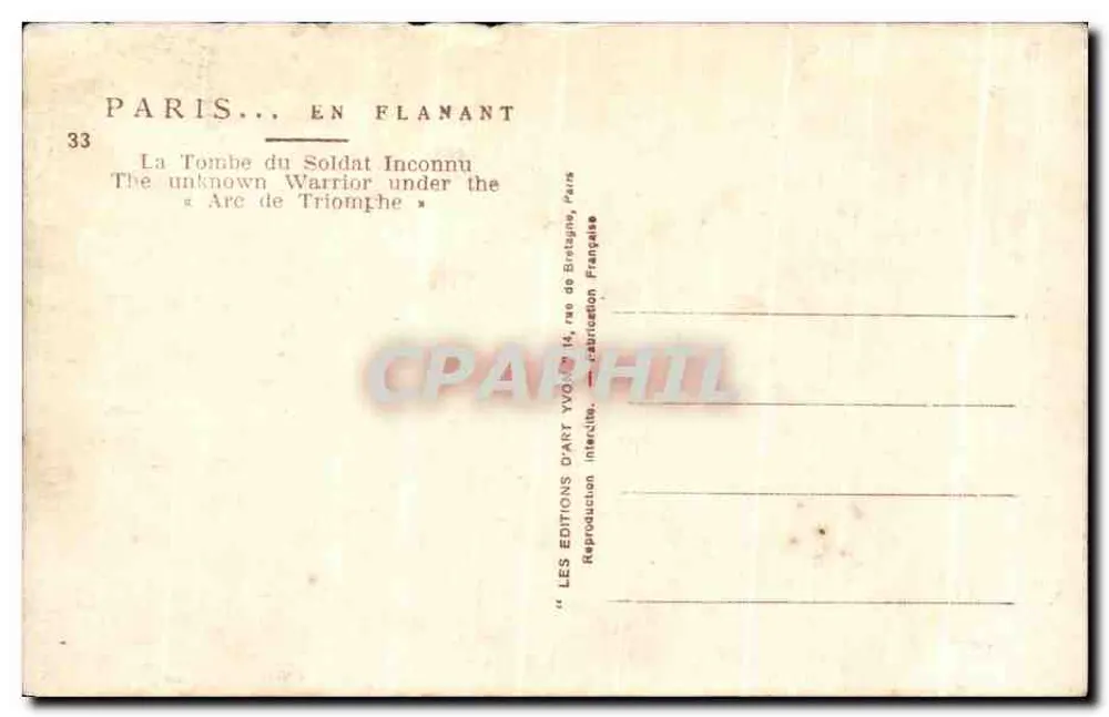 Grab des Unbekannten Soldaten — Arc de Triomphe — Art Editions Yvon - Rückseite