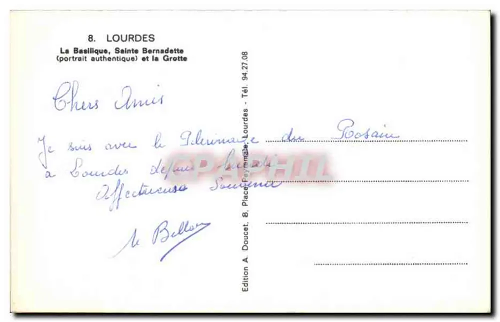 Lourdes — Basílica, Santa Bernadette e Gruta — Edição A. Doucet, B. Place-Paymale, Lourdes - Verso