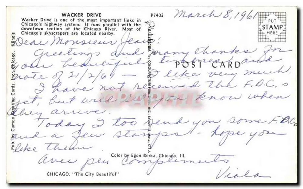 Chicago — Wacker Drive und Hochhäuser — Verlag: Cameco Greeting Cards, Inc. Nr. P7403 - Rückseite