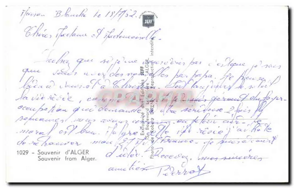 Argélia — Argel — Souvenir d'Alger — Editor Jeff, série 1029 - Verso