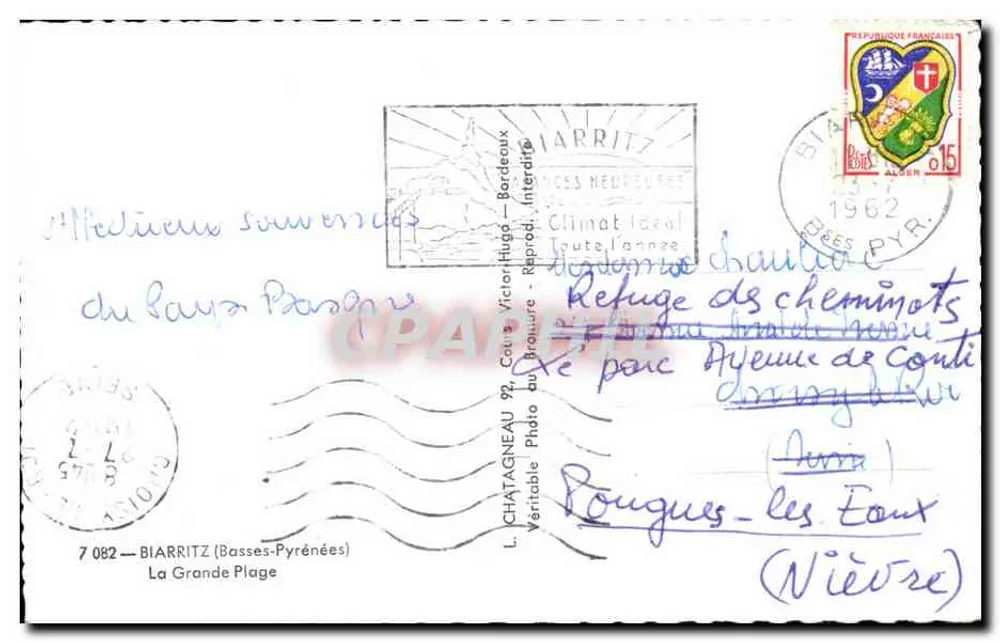 Plage de Biarritz — vue de la Grande Plage avec phare et hôtels — éditeur Elce - Verso